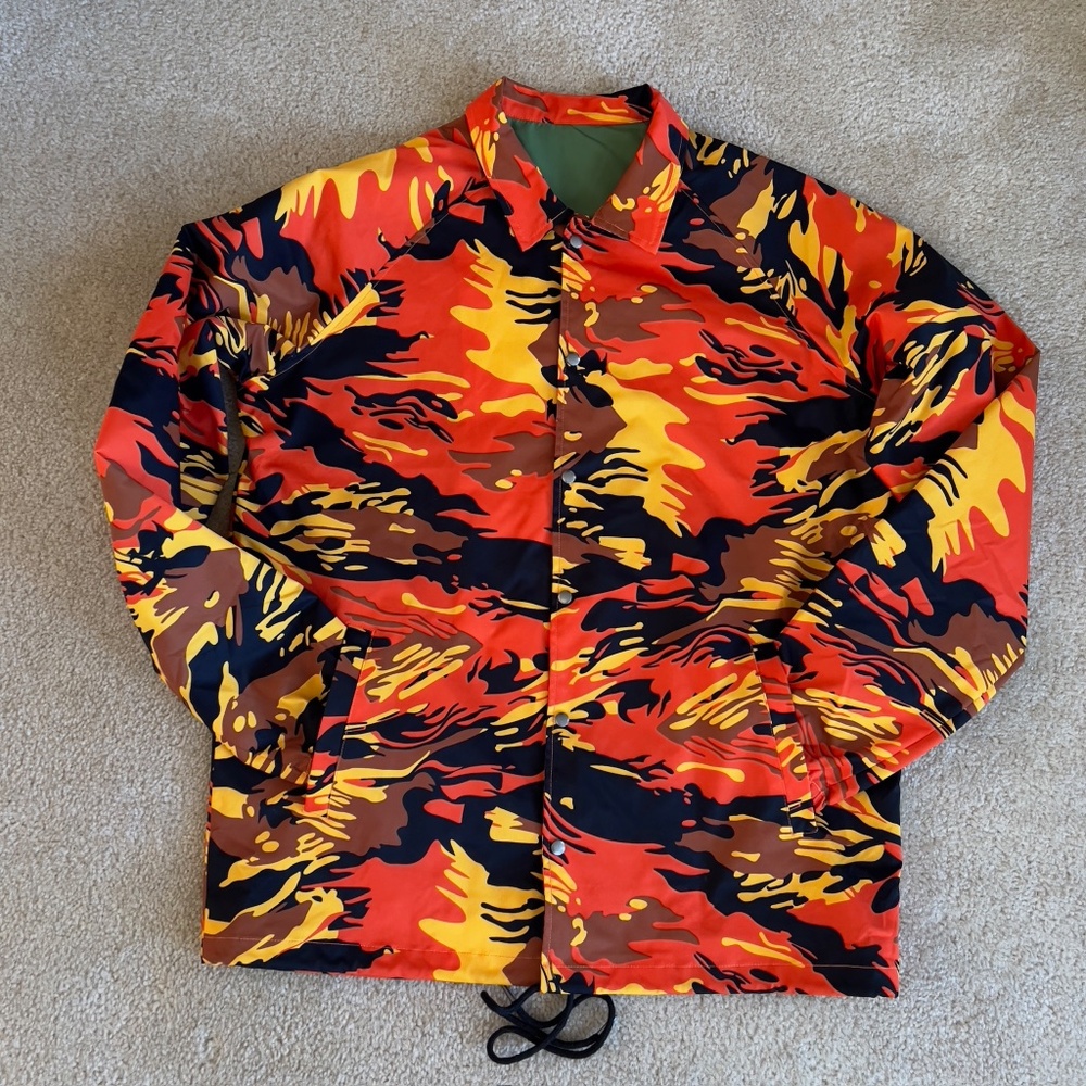 Men's Orange and Yellow Camouflage Windbreaker Jacket, Size Large